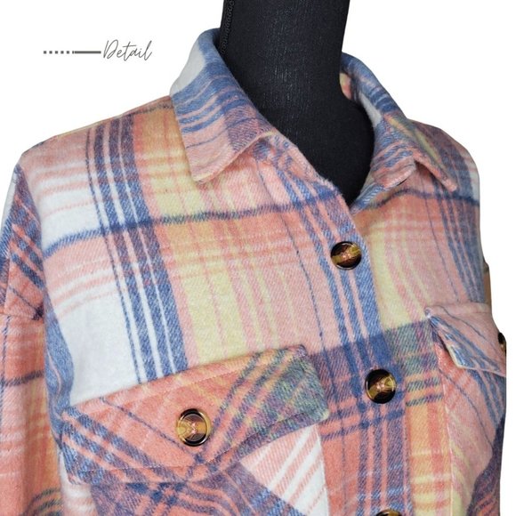 WOMEN’S CASUAL PINK  MULTI PLAID FLANNEL SHACKET JACKET OVERSIZED - Picture 5 of 11